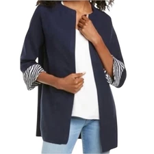 J. McLaughlin Elegant long Navy Open-Front Blazer zebra lined 3/4 sleeves S