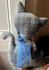 Cat Shaped Cushion in Harris Tweed  blue/grey fabric, heart applique & bow VVGC