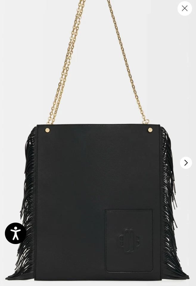 Bolso de hombro Maje de cuero negro con flecos y cadena | Bandolera convertible | Dorado Foto 3 de 4