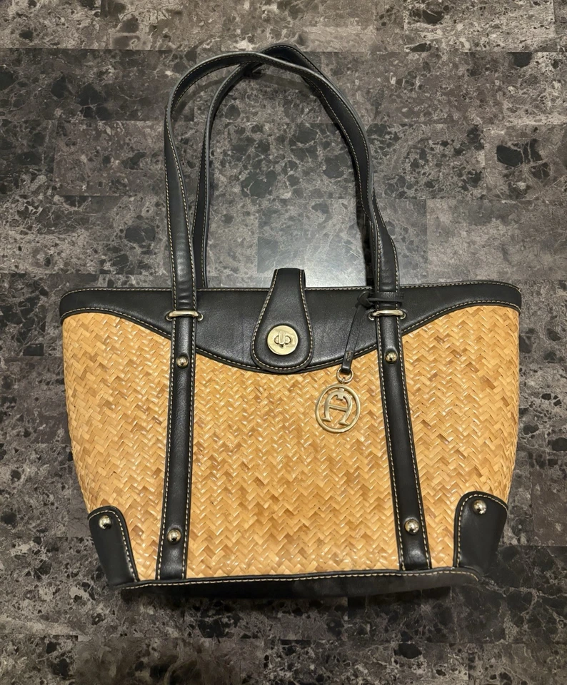 Etienne Aigner Woven Rattan Straw Tote Shoulder Bag Leather Accents Logo Charm - Image 2 of 4