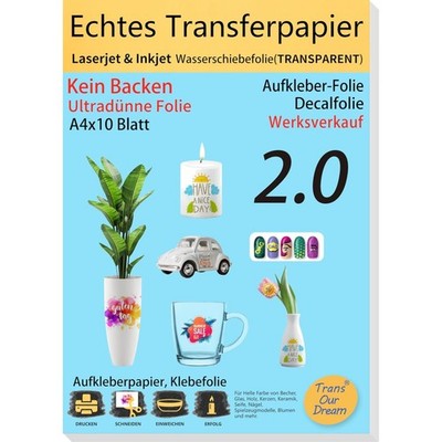 Wasserschiebefolie 10 Blatt A4 für Kerzen Glas Kunststoff Decallaser Inkjet