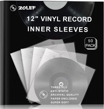 12" Vinyl Record Sleeves Inner 50 Pack, Thicker 3-Ply Anti 12 inches, White 