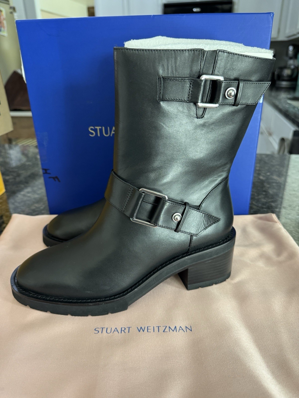 STUART WEITZMAN BOOTS Boulevard Moto Bootie Black Leather Size 8 