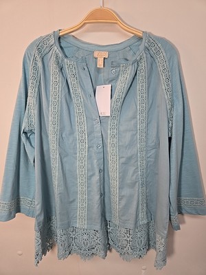 NWT LOGO Lavish Cotton Button Down Shirt Blouse Size S Oversized 3/4 Sleeve