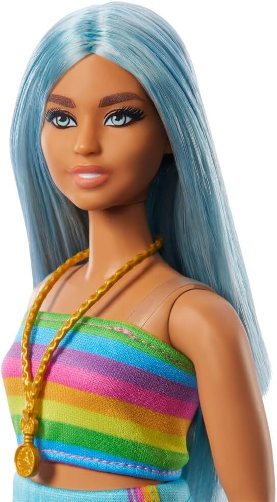 Barbie Fashionistas Doll 218 with Long Blue Hair Rainbow Top Teal Skirt