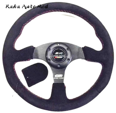 Mugen 350mm Suede Leather Red Stitch Flat Racing Steering Wheel Fit for MOMO Hub