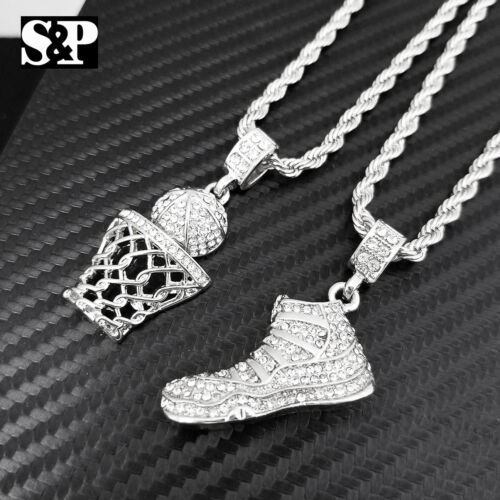 Hip Hop Iced JD SHOE & BASKETBALL Pendant w/ 24" Chain 2 Necklace COMBO Set - Afbeelding 1 van 5