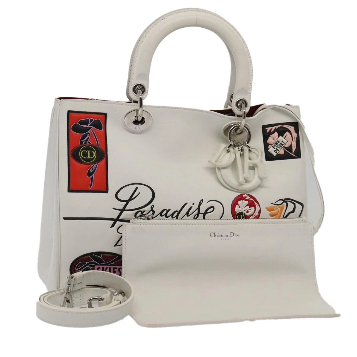 Sac à main Christian Dior cuir 2 voies argent blanc authentique ep5275A
