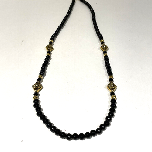 Vintage 1928 Black Beaded Necklace w/ Gold Tone Floral Accent Classic Free Ship