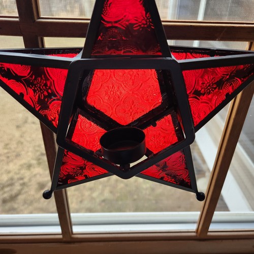 Stained Glass Ruby Red Hanging 5 Point Star Tea Light Candle Holder - Picture 3 of 3