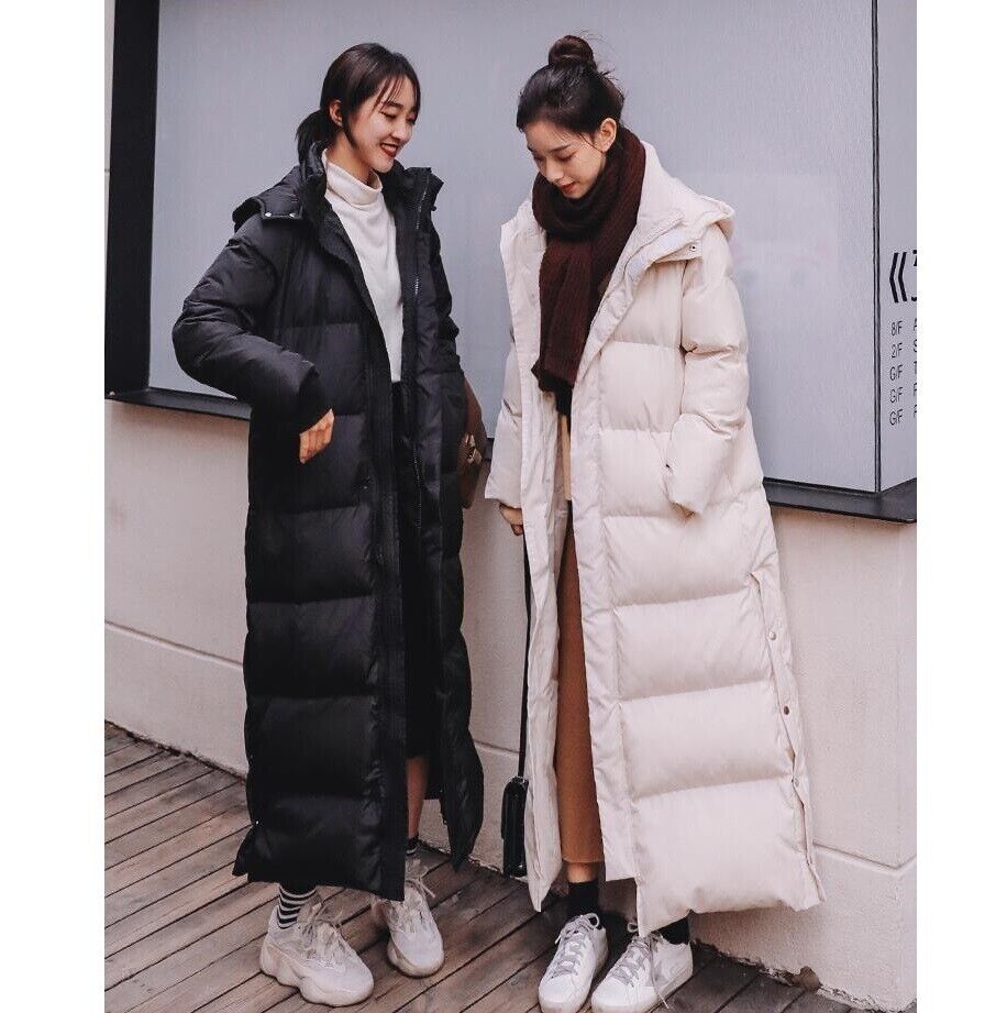 Women Ankle Length Cotton Down Long Parka Winter Warm Hooded Outwear ...