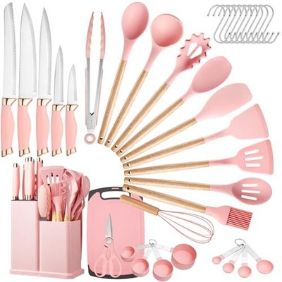37 PCS Kitchen Utensils Set Silicone Cooking with Knife and Holder Wooden Handle