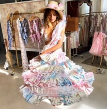 Loveshackfancy Revolve 100% Silk India Tie Dye Ruffled Maxi Gown Duster Dress 0