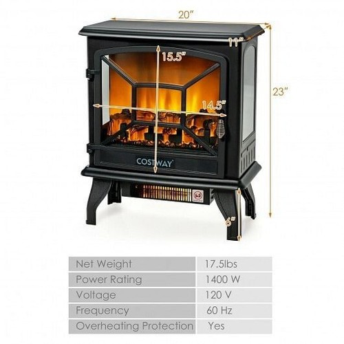 1400W Electric Stove Heater with 3-Level Flame Effect and 3-Sided View-Black - Picture 5 of 6
