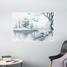 Sketchy Wide Tapestry Boat on River Drawing