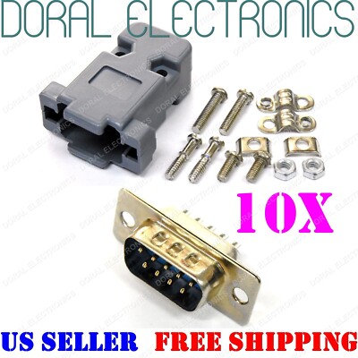10X DB9 9-Pin Male Solder Cup Connectors Plastic Hood Shell & Hardware DB-9