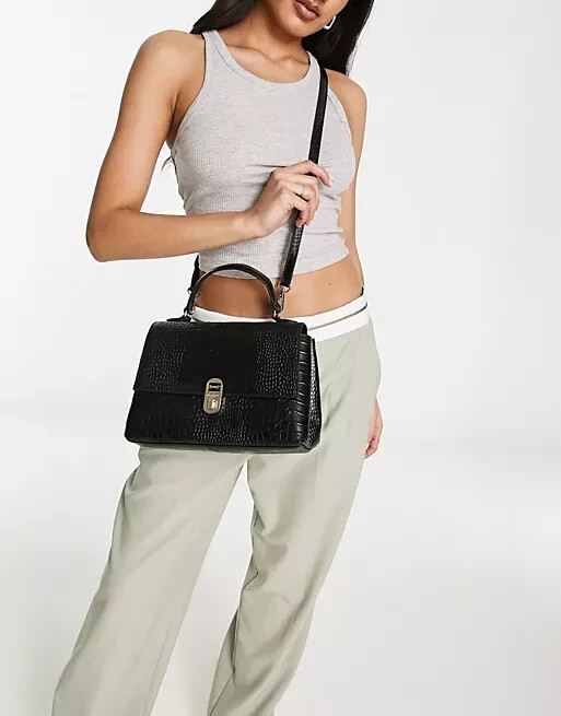 PAUL COSTELLOE LEATHER TOP HANDLE CROSSBODY BAG BLACK CROC eBay