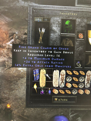 DIABLO 2: RESURRECTED  +4Maximum Damage/24AR/14%GOLD FIND GRAND CHARM GC  PC SC 