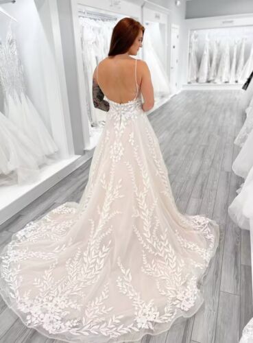 V Neck Wedding Dresses Beach Boho Romantic A Line Sleeveless Lace Bridal Gowns - Picture 3 of 14