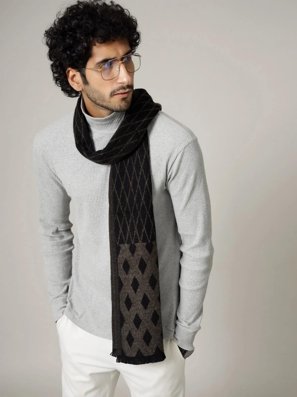 Soft Cashmere Knit Woven Scarf Men Women Soft Wool Brown Warm Muffler Wrap Black