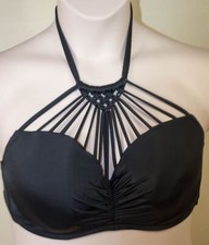 Shade Shore Women Solid Black Padded Detail String Panel Halter Bikini Top 38D