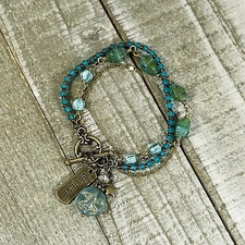 Boho Bronze Triple Strand Bracelet with Turquoise Hurricane Glass Beads