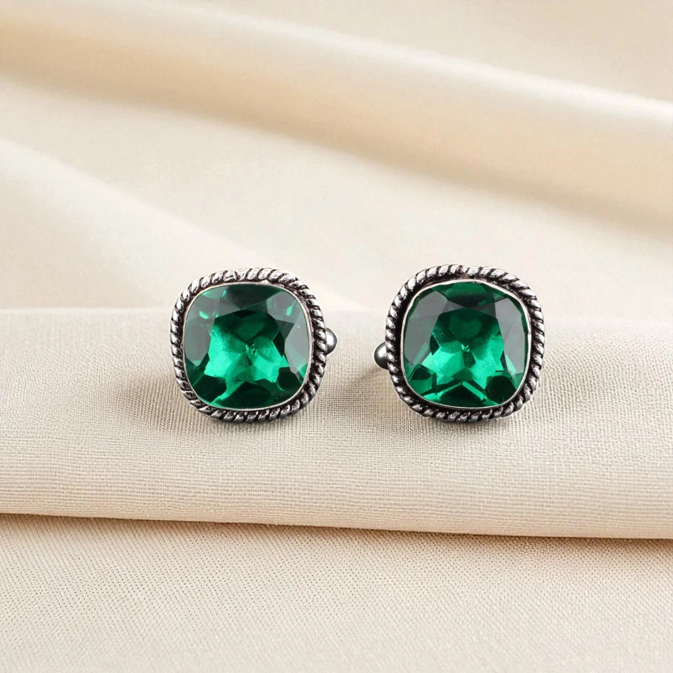 Chrome Diopside Gemstone 925 Sterling Silver Jewelry Designer Cufflinks 0.61" - Image 4 of 4