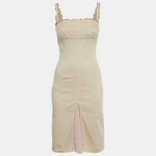 RED Valentino Beige Cotton Plisses Detail Sleeveless Midi Dress S