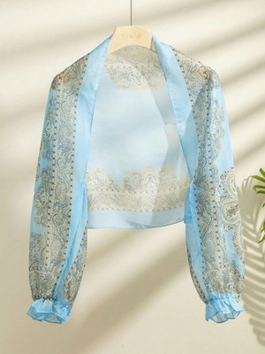Light Blue Ultra-Thin Paisley Print Silk Shawl For Women