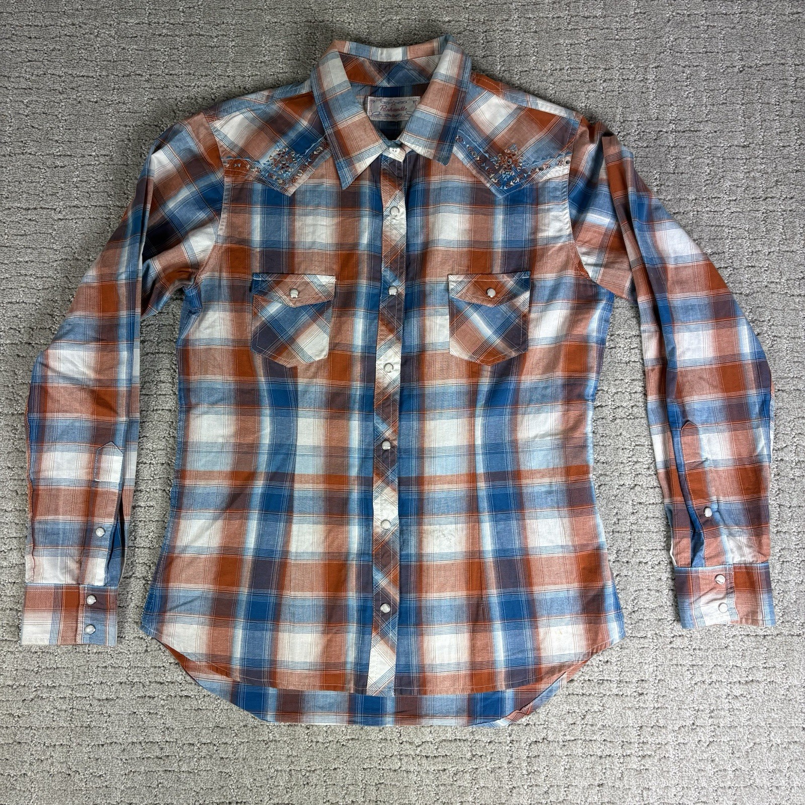 Panhandle Women's Western Brown/Blue Plaid Embordered Pearl Snap Shirt Size S