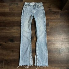 High Waisted Light Wash Straight Leg Jeans with Slit Hem