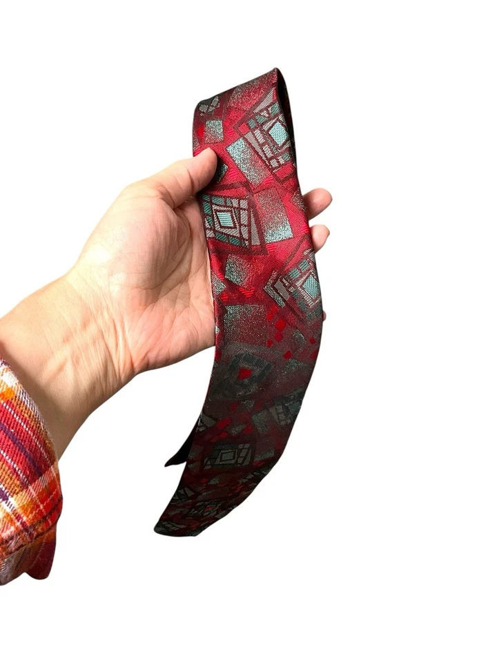 特使复古红色艺术装饰原子几何图案金属摇滚领带 — 第 3/4 张图片