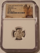France - Middle Ages - Toulouse Raymond V-VII 1148-1249 Silver Denier AU58 NGC