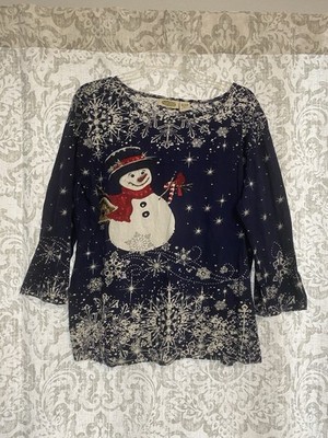 Collections Etc 100% Cotton Holiday Snowman Snowflake Sequin Top Blue Red XL