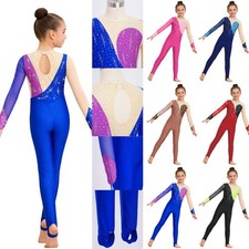 Girls Bodysuit Performance Leotard Shiny Rhinestones Unitard Gymnastics Dance
