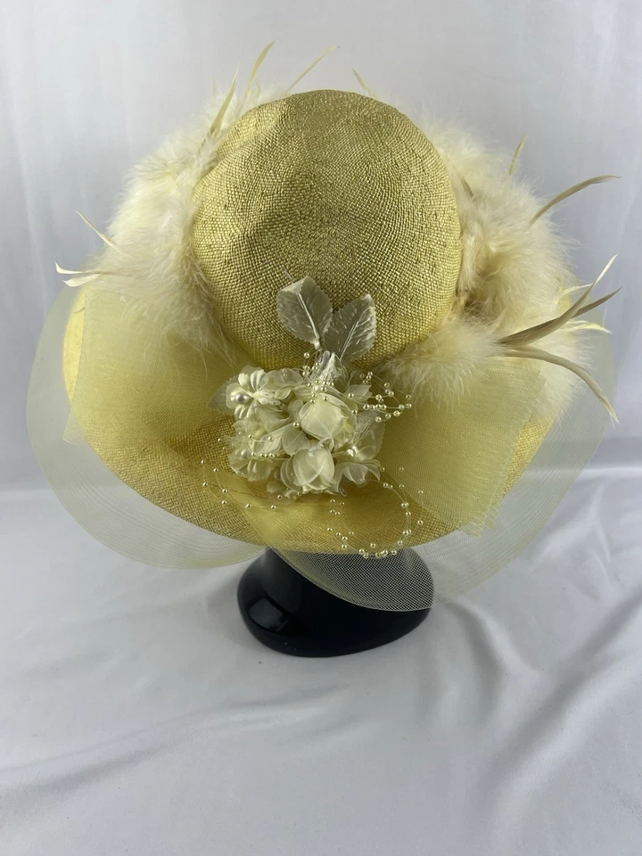 Vintage Fedoria Yellow Wide Brim Church Hat with Marabou Feathers & Net Accent - Image 4 of 4