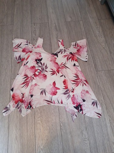 Roman Pink Floral Floaty Cold Shoulder Sheer Top Summer Holiday Size 12 - Picture 8 of 11