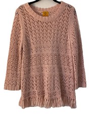 Ruby Rd Women  s Sz L Peachy Pink Open Knit Crochet Sweater Long Sleeves Fringe