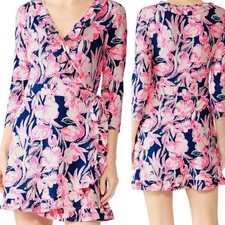Lilly Pulitzer Jessalynne Romper XS Womens Navy Flamingo Ruffle Tropical Pink 