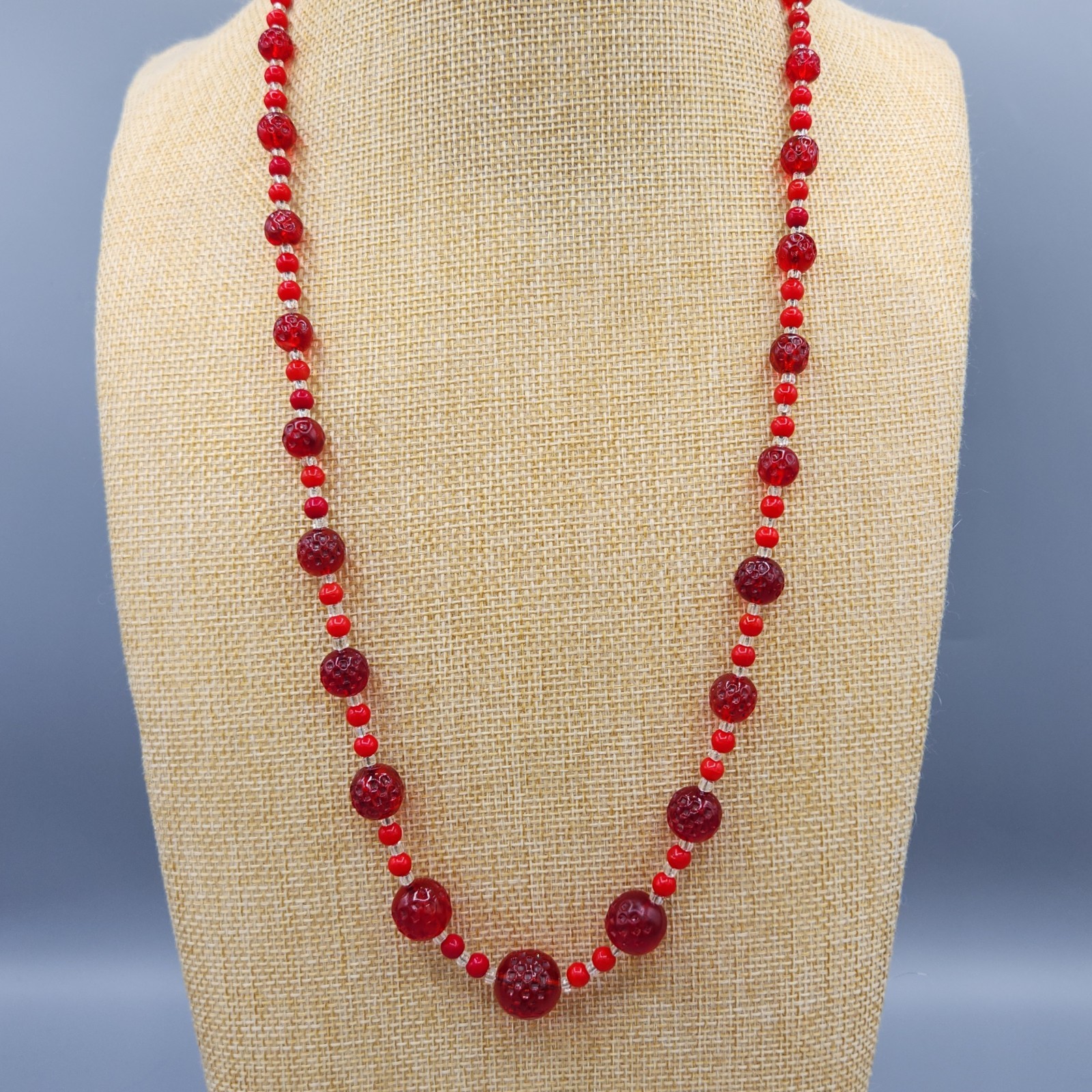 Art Deco Red Pressed Dimpled Translucent Opaque G… - image 2