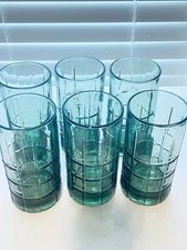6 Anchor Hocking Tartan Manchester Green Iced Tea Glass Tumblers 6” Tall