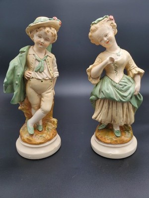 Vintage Borghese Chalkware Figurines Boy Girl Pair Victorian Style Mid Century