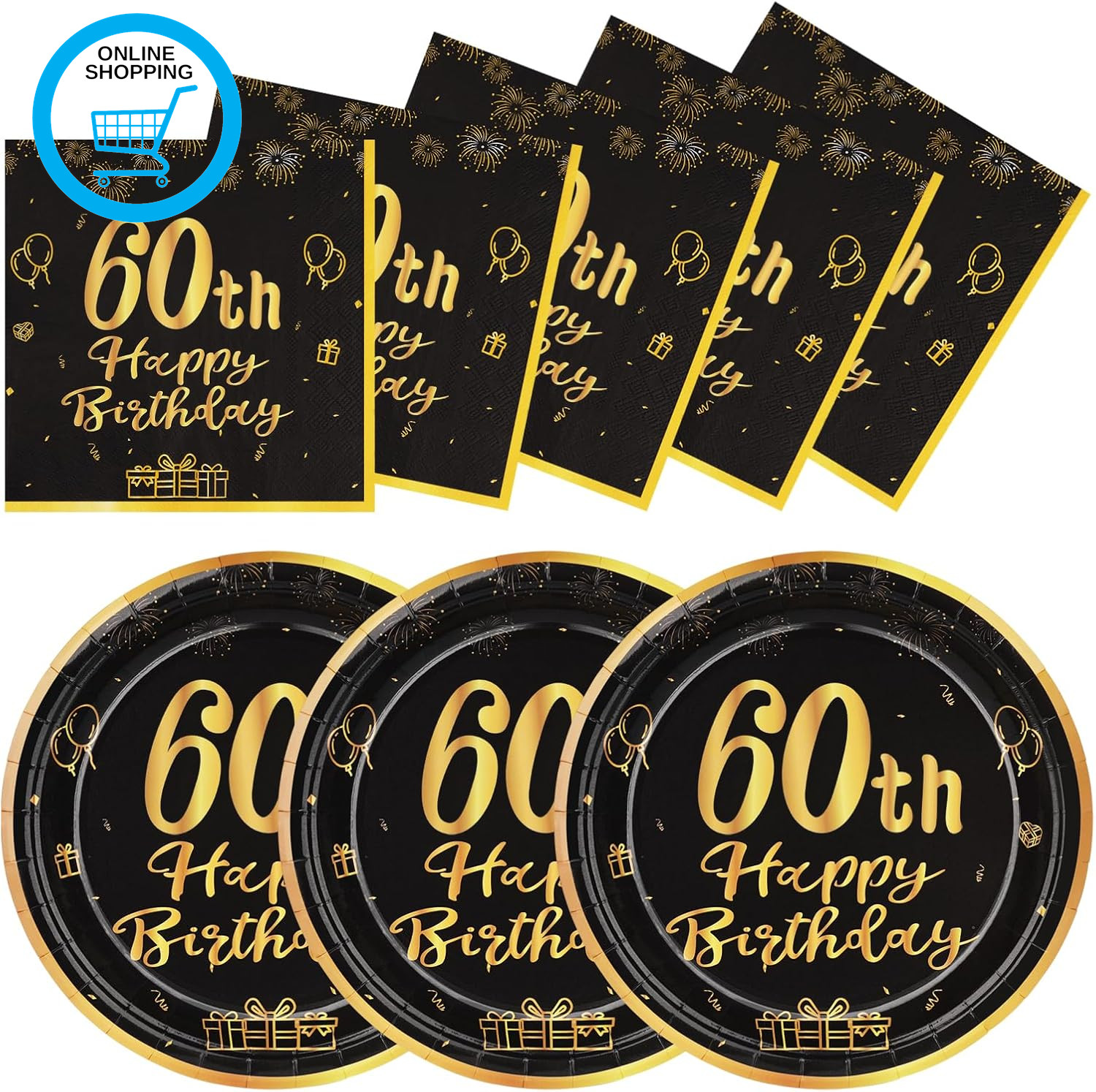60Th Happy Birthday Paper Plates and Napkins, Black Gold 9"" Disposable Strong Pl