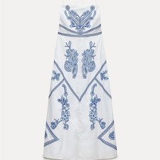 ZARA FW24 ZW COLLECTION EMBROIDERED MIDI DRESS BLUE WHITE SIZE S