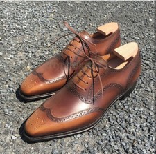 Handmade Men's Leather Oxfords Brown Round Toe Wingtip Dress Formal Shoes-98