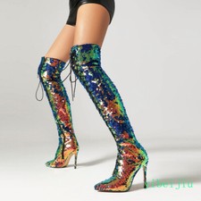 Women's Sequins Over The Knee High Boots Heel Performance Shoes Stage Dance Club