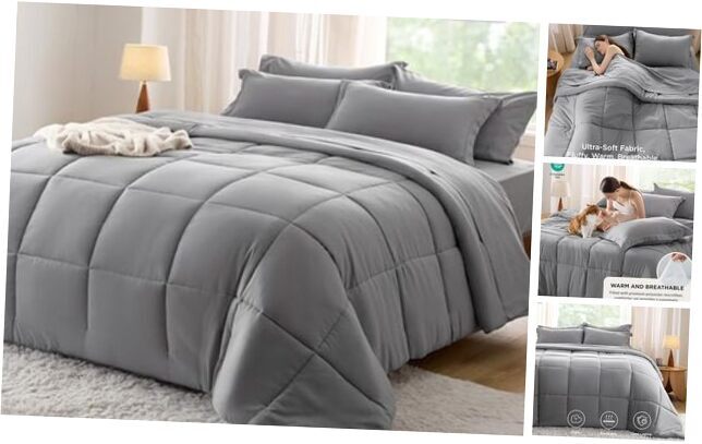 掛け布団セット - バッグの7ピースグレーベッド、クイーン02付き寝具セット - グレー