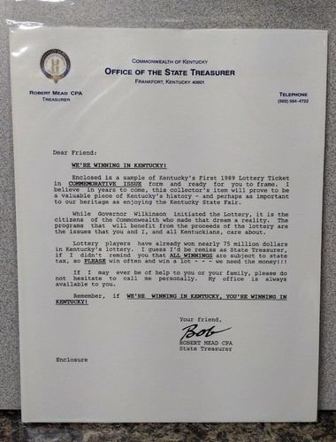 1989 Commemorative Issue Kentucky's First Lottery Ticket Signed State Treasurer - Picture 2 of 2