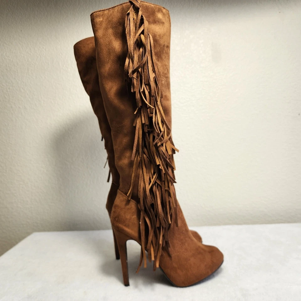 BRECHELLE'S Women's Boots  Suede Knee High Heel Fringes Zipper  Size 6.5 - Image 2 of 4