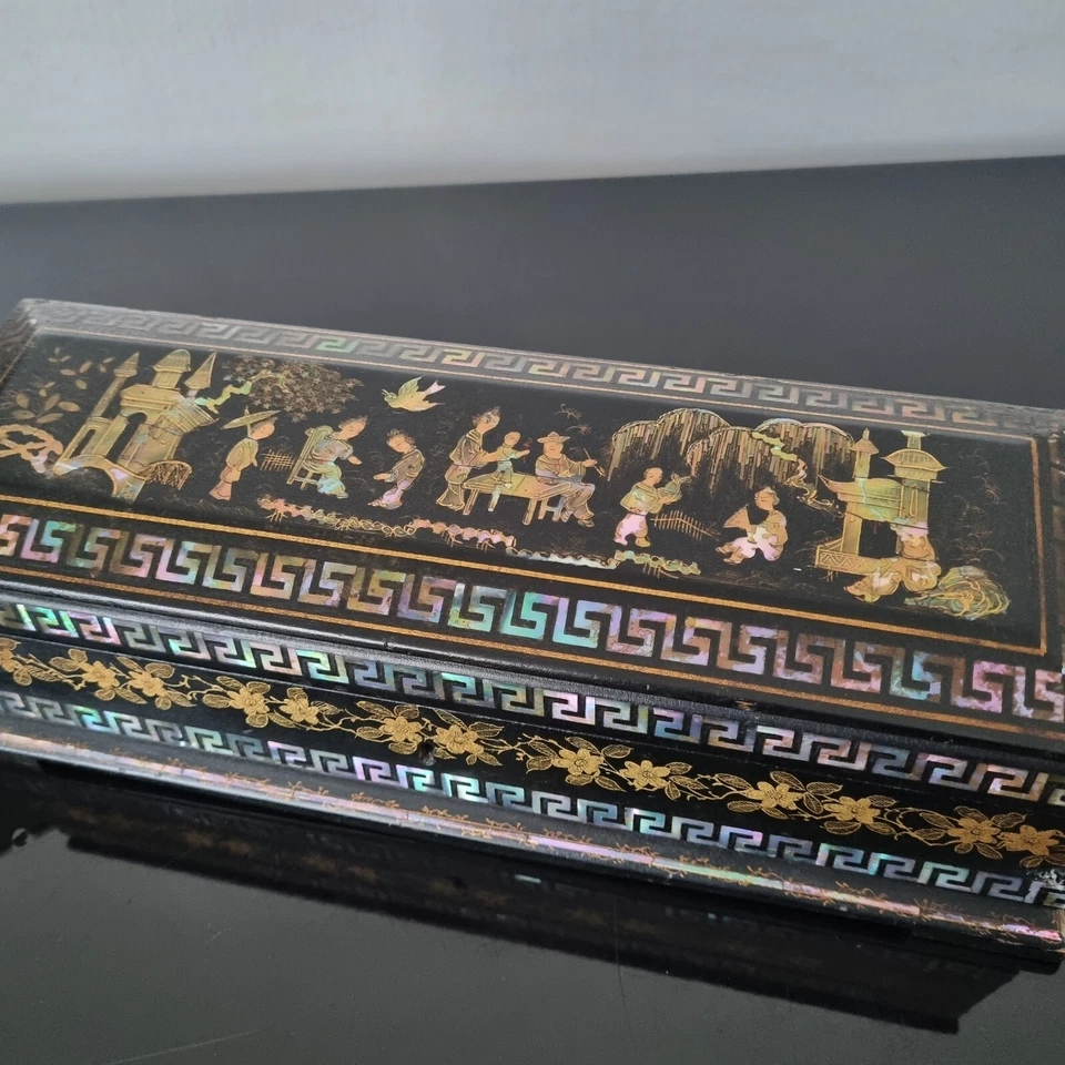 Coffret PAPIER MACHE XIXè Incrustation Nacre Burgauté Décor Chinois Capitonné - Photo 2/4